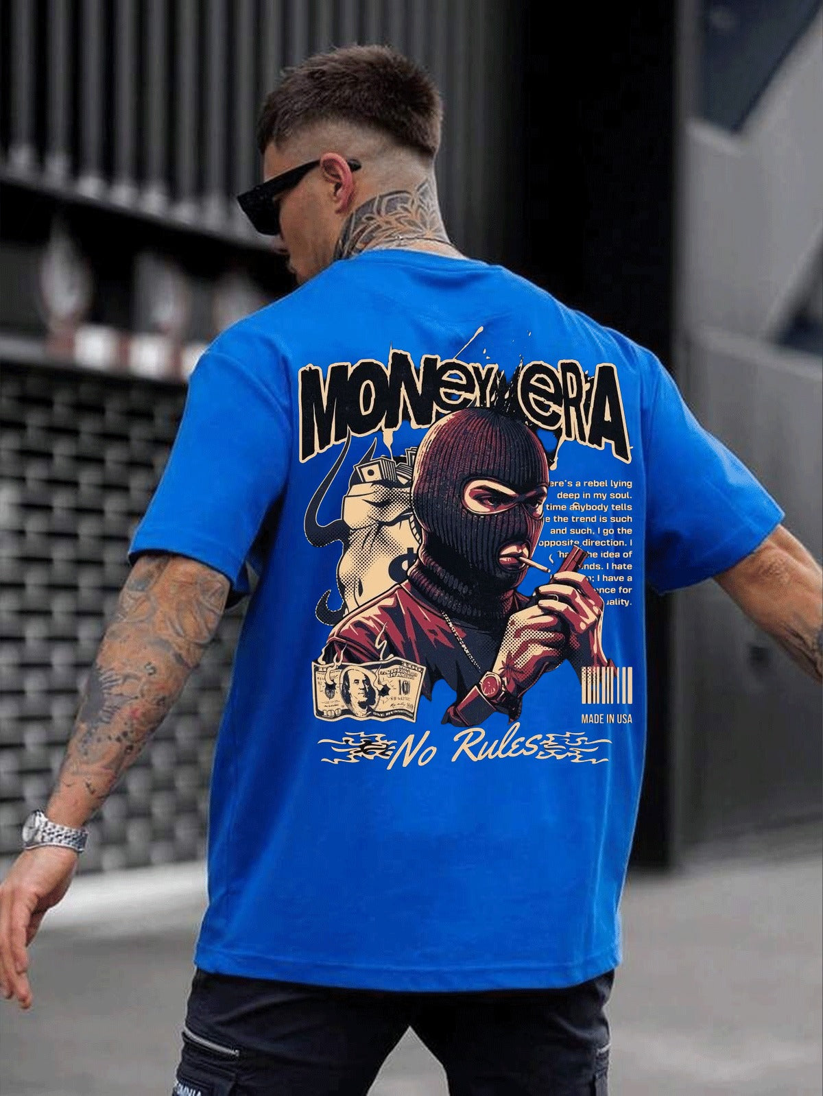 money era blue printed drop shoulder t-shirt